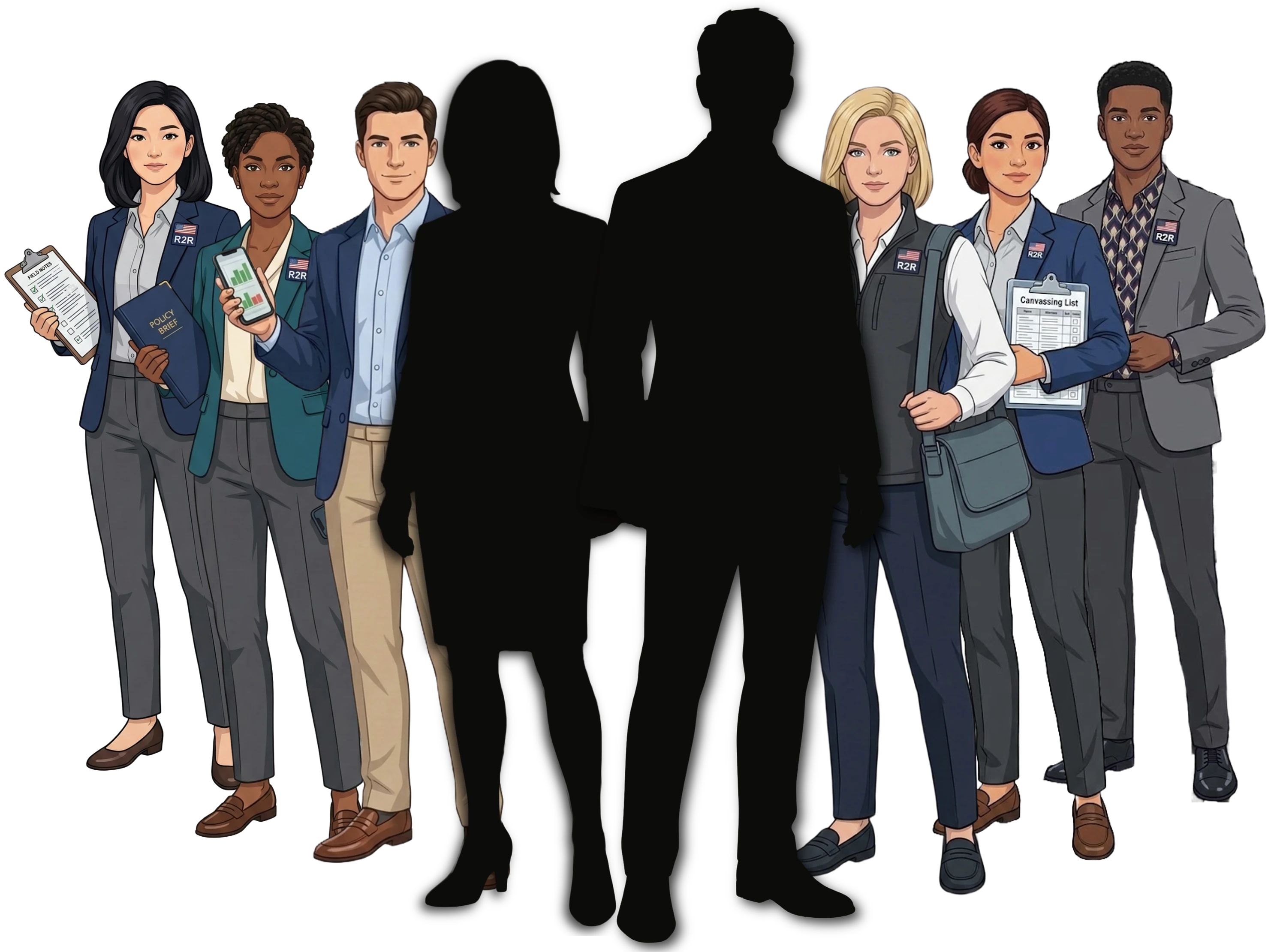Six Ready-to-Run staff flanking two candidate silhouettes